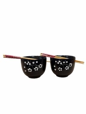Hand-Painted Cherry Blossom Ceramic Rice Bowls Set in Black and White